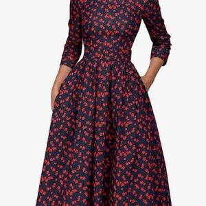 Navy Red Floral For & Flare Dress Size M Pockets Retro Vintage Inspired